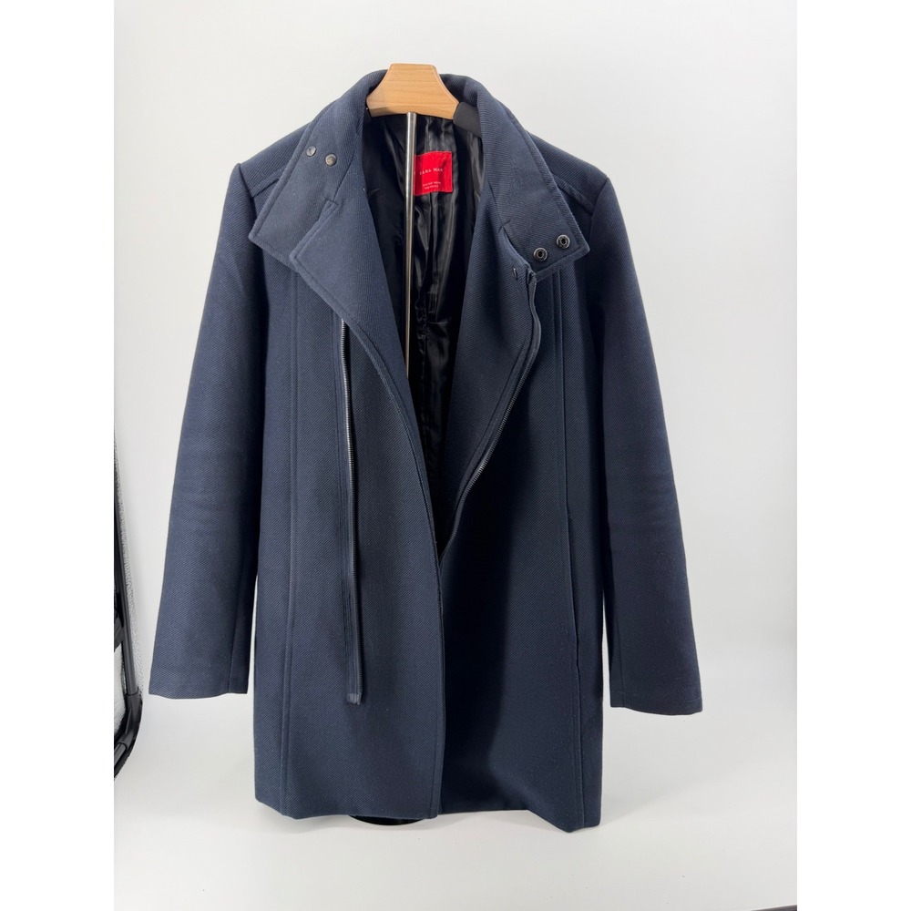 Zara Man Navy Blue Asymmetrical Zip Funnel Neck Overcoat Jacket Mens Small